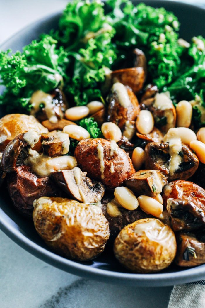 Sheet Pan Balsamic Rosemary Potatoes with Mushrooms, White Beans and Kale - all you need is 10 ingredients to make this easy sheet pan meal! (vegan, gluten-free + grain-free)