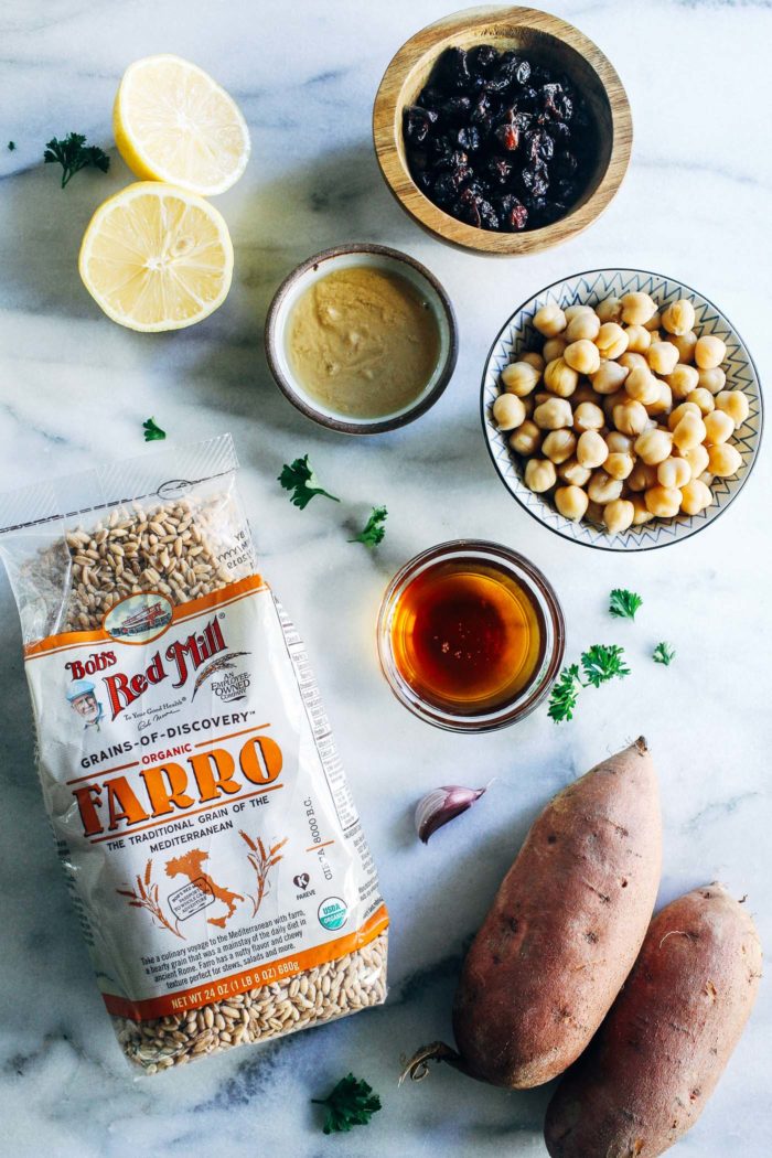 Roasted Sweet Potato, Kale and Farro Salad with Lemon Tahini Dressing- perfect for healthy lunches or a nutritious side item to serve for the holidays! (vegan + nut-free)