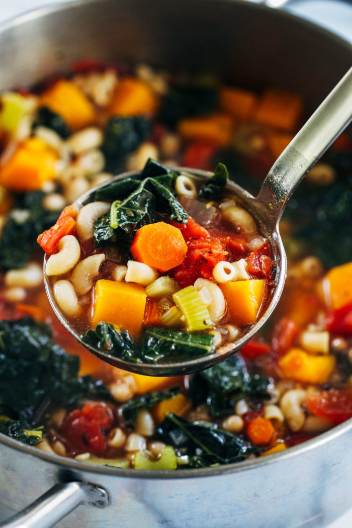 Winter Minestrone Soup- made with nourishing kale and butternut squash, this hearty vegetable soup is sure to keep you warm all winter long. (vegan + gluten-free)