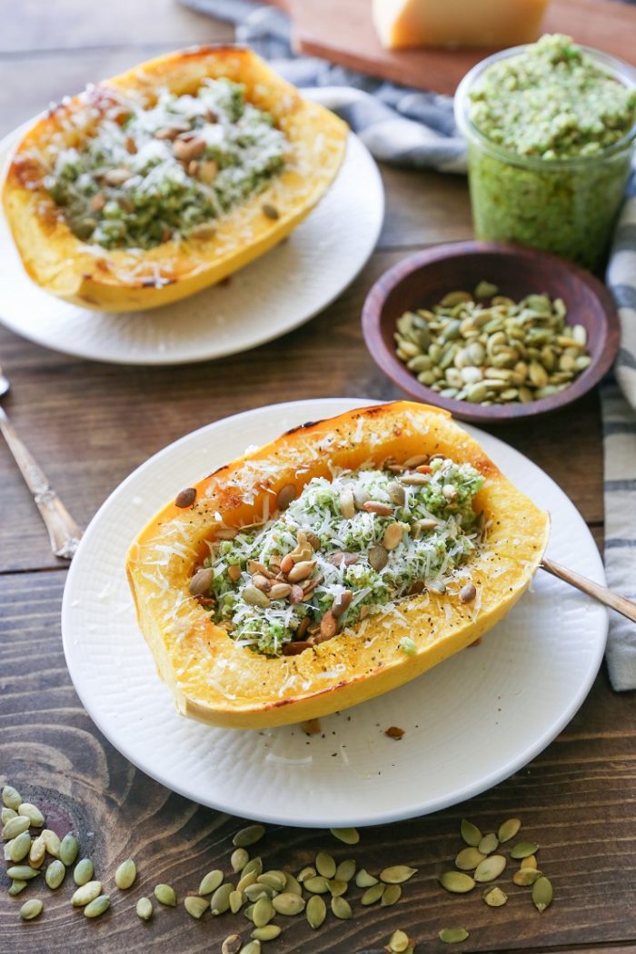 Spaghetti Squash with Broccoli Pumpkin Seed Pesto from The Roasted Root
