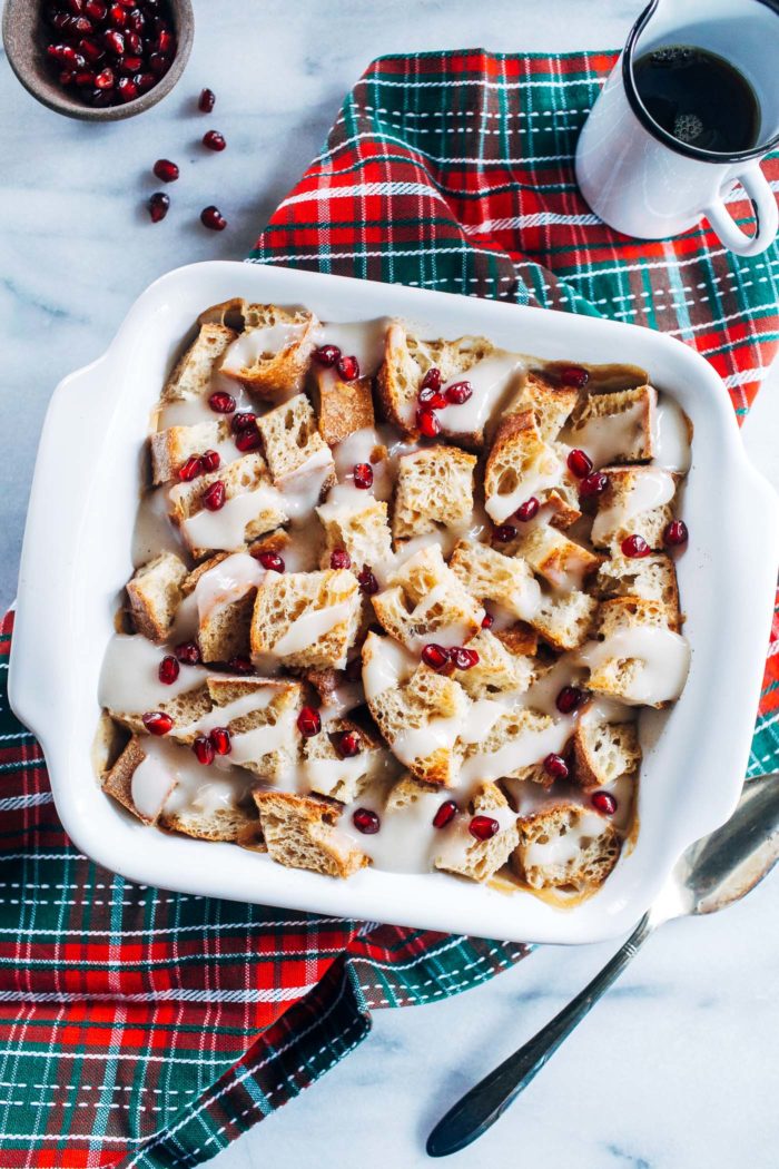 Overnight Vegan Eggnog French Toast Casserole- just 10 ingredients and 10 minutes to make, this casserole is the perfect festive dish for your holiday brunch table!