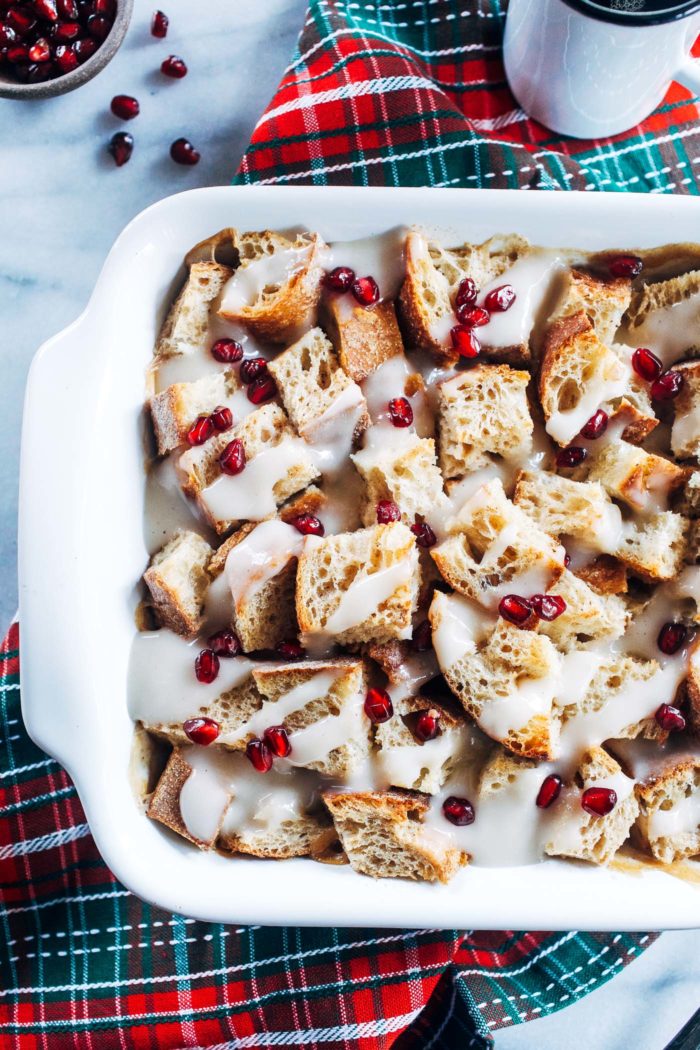 Overnight Vegan Eggnog French Toast Casserole- just 10 ingredients and 10 minutes to make, this casserole is the perfect festive dish for your holiday brunch table!