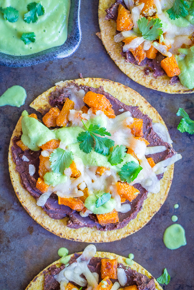 Roasted Butternut Squash Tostadas with Avocado Lime Sauce from She Likes Food