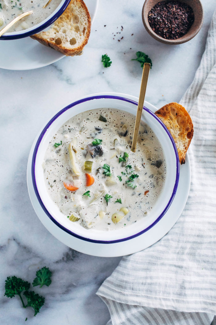 Vegan Artichoke Chowder- made with jarred artichoke hearts and creamy coconut milk, this one-pot chowder is super satisfying and delicious! (grain-free, soy-free and gluten-free)