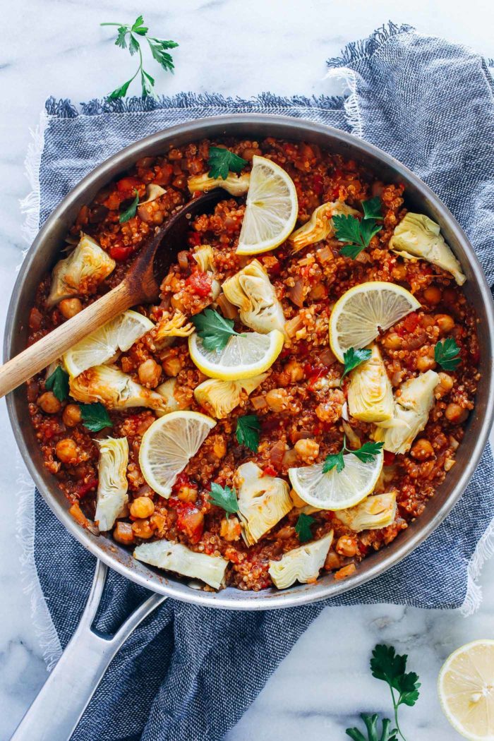 One-Pot Spanish Quinoa | "This is delicious! I made this meal for dinner tonight and am already looking forward to the leftovers tomorrow. The artichokes and lemon give it a flavor boost and I adore quinoa in all its versatility. Can I also mention how quick and easy this was to put together? My kind of meal."