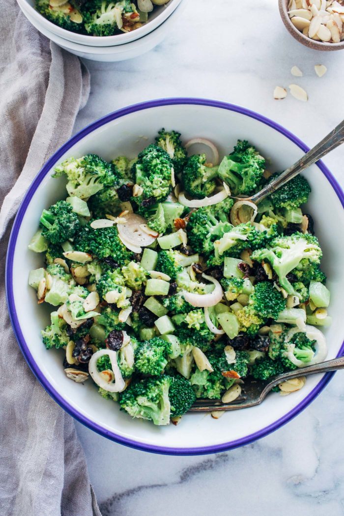 Broccoli Salad with Almonds and Cranberries- all you need is 10 ingredients to make this mayo-free broccoli salad that's bursting with textures and flavors! (vegan + gluten-free)
