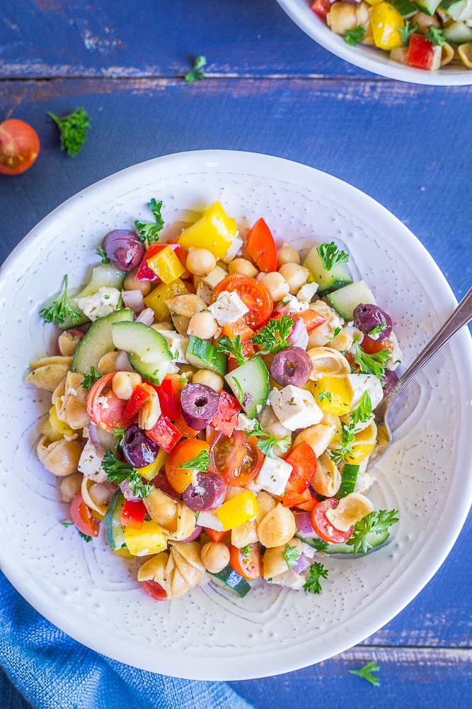 Loaded Greek Chickpea Pasta Salad from She Likes Food