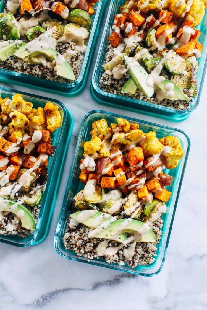 Roasted Vegetable Quinoa Meal Prep Bowls- super simple to make, these meal prep bowls are packed full of healthy vegetables and topped with a lemon tahini sauce. Whether you make them for lunch or dinner, they are sure to leave you feeling energized and satisfied! (vegan + gluten-free)