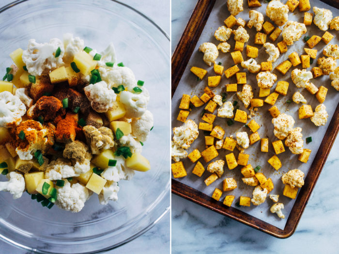 Sheet Pan Chickpea Tikka- roasted cauliflower, potatoes and chickpeas are tossed with Indian spices and served with a cooling ginger-garlic and lemon yogurt sauce. Simple to make and clean-up is a breeze! (vegan, gluten-free, grain-free)