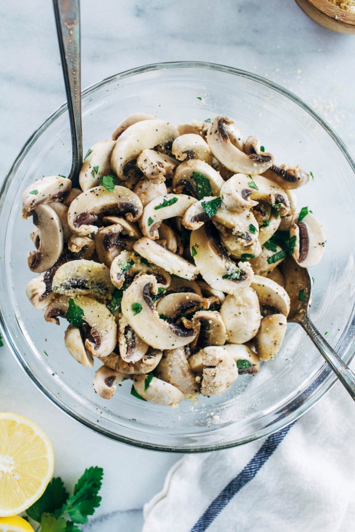 Fresh Mushroom Salad with Cashew Parmesan- just 8 ingredients for a light and refreshing salad that's nutrient dense and packed full of flavor! (plant-based, vegan, grain-free, gluten-free)