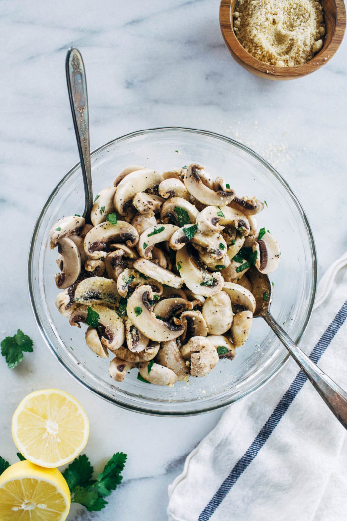 Fresh Mushroom Salad with Cashew Parmesan- just 8 ingredients for a light and refreshing salad that's nutrient dense and packed full of flavor! (plant-based, vegan, grain-free, gluten-free)