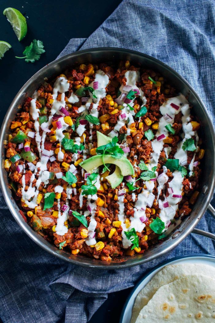 One-Pot Lentil Taco Skillet | "NEW FAMILY FAVORITE!!!! All 5 LOVED this recipe and asked for it to be put into my binder without me even saying anything! THANK YOU! I have been searching for recipes just like these… can’t wait to try more!"