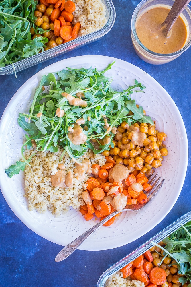 Roasted Carrot and Chickpea Salad with Cashew Ginger Dressing from She Likes Food