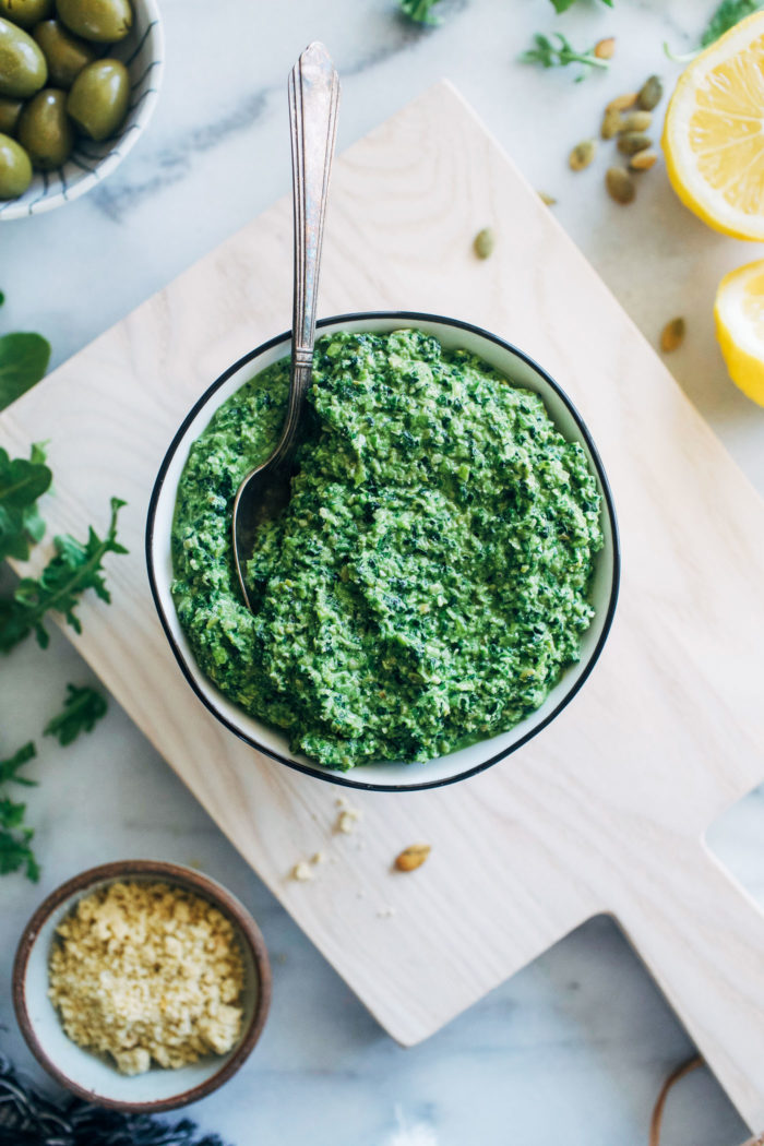 Supergreen Vegan Pesto- made with a host of nutritious superfoods, this pesto is the perfect way to sneak in a full serving of greens along with healthy fats and protein.