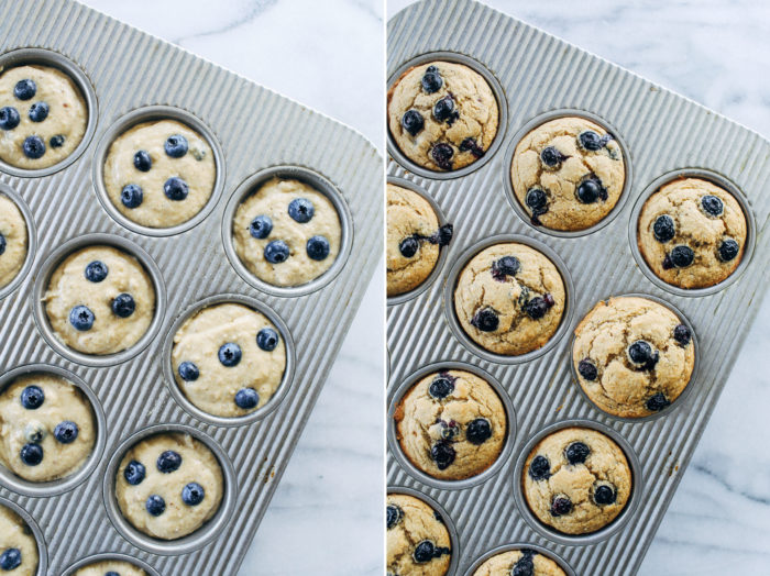 Vegan and Gluten-free Blueberry Muffins- made with whole grain oat flour and almond flour, you'd never guess these muffins are naturally sweetened and and oil-free! #plantbased
