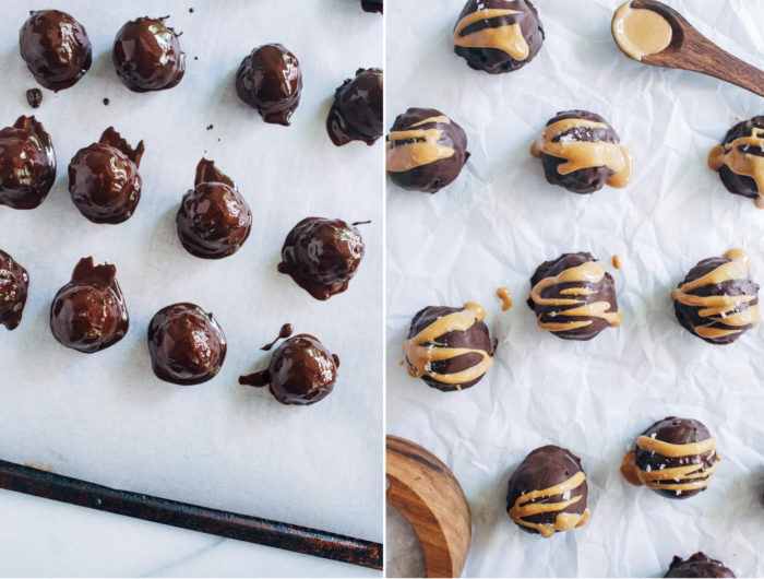 5-Ingredient Dark Chocolate Peanut Butter Truffles- you won't believe how easy it is to make homemade truffles! This chocolate peanut butter version is rich, decadent and dairy-free too! #vegan #dairyfree #plantbased