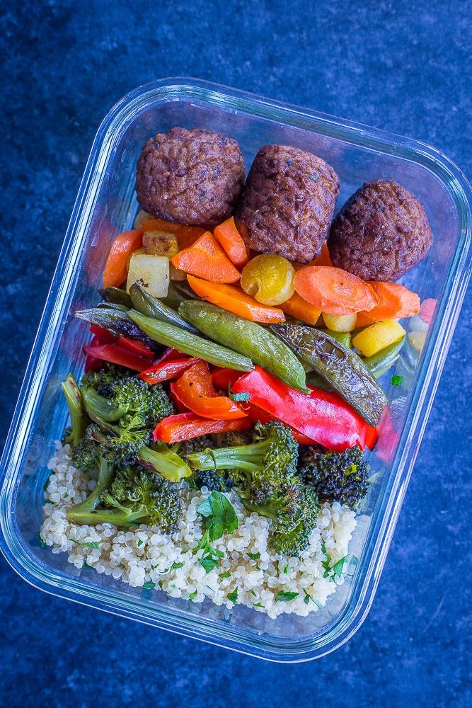 Spring Vegetable and Meatless Meatball Bowls from She Likes Food