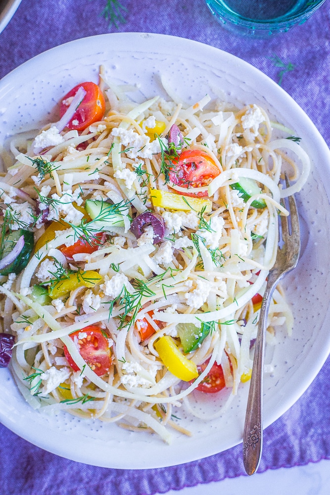 Healthy Greek Pasta Salad with Kohlrabi Noodles from She Likes Food