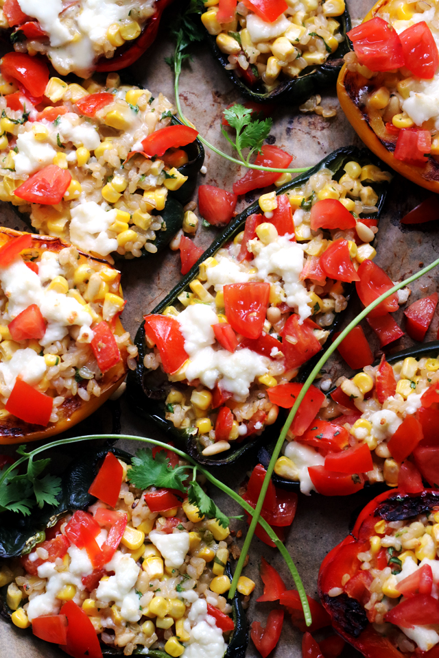 Summer Corn, Monterey Jack, and Brown Rice Stuffed Poblano Peppers from Eats Well With Others