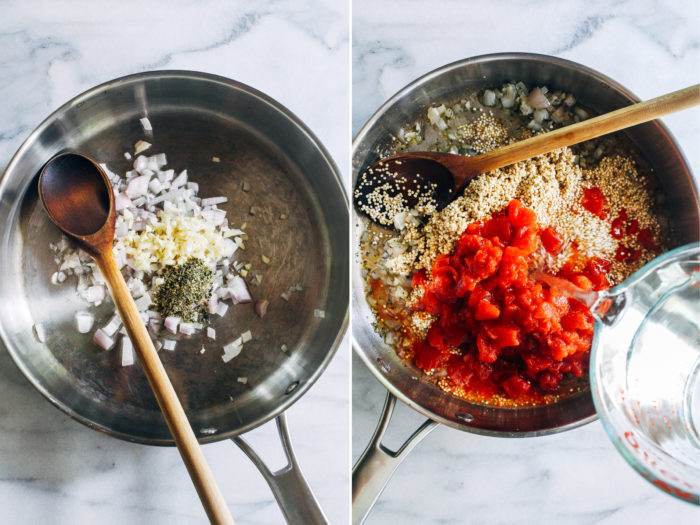 One-Pot Tomato Basil Quinoa with Cashew 'Ricotta'- less than 10 ingredients and 30 minutes for a healthy meal that's packed full of plant-based protein! #plantbased #vegan #plantprotein #healthymeals #quickdinner #easyrecipes