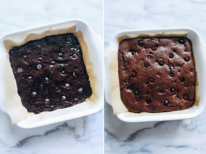 Flourless Vegan Tahini Brownies- made in one bowl with just 10 ingredients, these chewy brownies are super rich and fudgy.  You would never know they're grain-free, nut-free, egg-free and dairy-free!