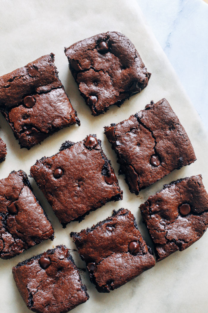 Flourless Vegan Tahini Brownies- made in one bowl with just 10 ingredients, these chewy brownies are super rich and fudgy.  You would never know they're grain-free, nut-free, egg-free and dairy-free!