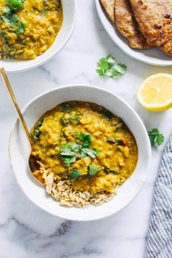 One-Pot Golden Lentil Curry- super warming and flavorful, this turmeric curry is easy to make and packed full of protein! #plantbased #vegan #healthymeals
