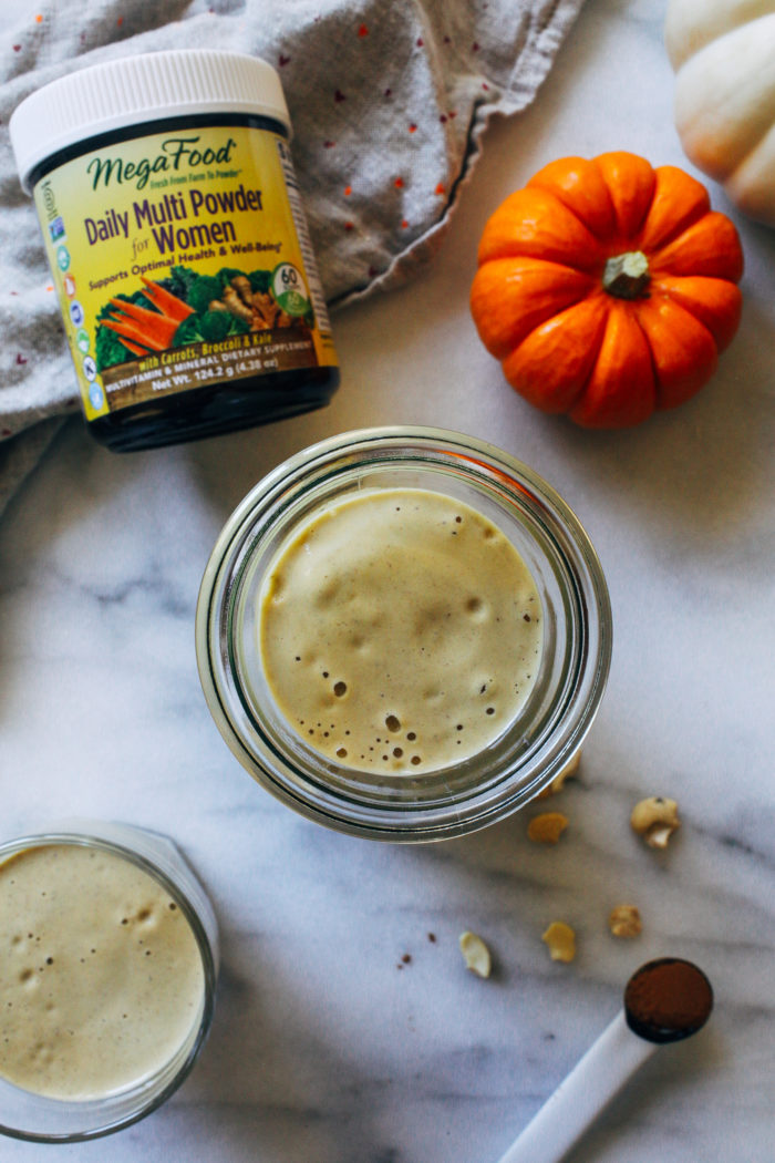 Pumpkin Spice Cashew Milk- an easy homemade nut milk that's so much creamier than anything you can buy at the store. Infused with pumpkin spice and perfect for fall! 