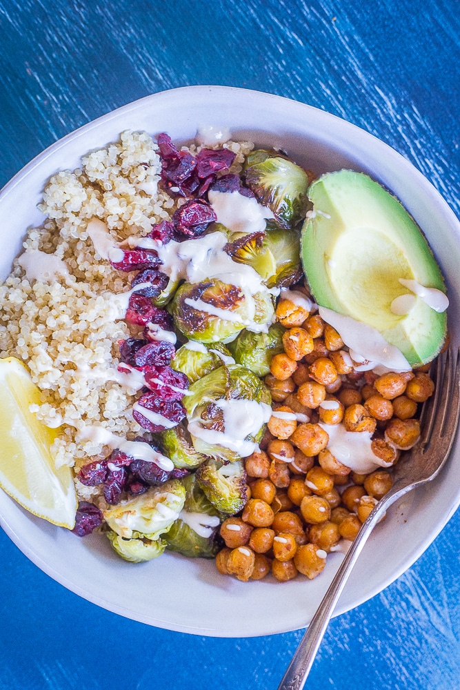 Roasted Brussels Sprout and Chickpea Bowls from She Likes Food