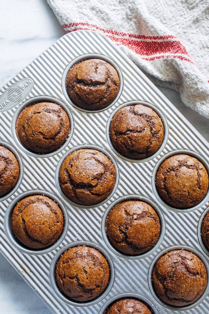 Healthy Flourless Gingerbread Muffins- naturally sweetened and packed full of fiber, these fluffy muffins are perfectly moist. No one would ever guess they are gluten-free! 