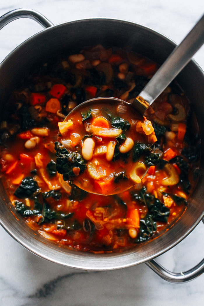 Tuscan White Bean Soup- made with robust cabbage and kale, this hearty soup is satisfying and packed full of antioxidants to keep your immune system strong! (vegan, grain-free)