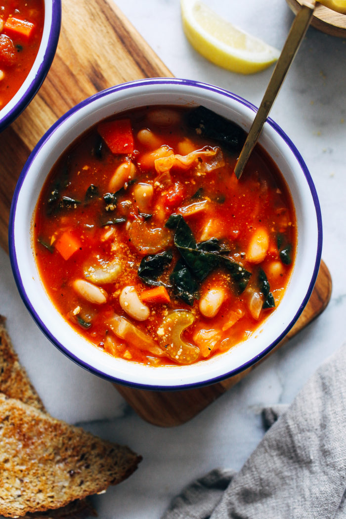 Tuscan White Bean Soup- made with robust cabbage and kale, this hearty soup is satisfying and packed full of antioxidants to keep your immune system strong! (vegan, grain-free)