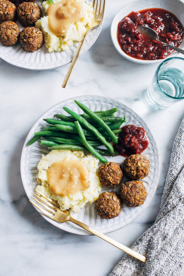 Vegan Thanksgiving 'Meatballs'- hearty, satisfying and packed full of umami flavor, these vegan 'meatballs' are gluten-free, grain-free and nut-free.  They're so delicious even the meat eaters will be gobbling them up!