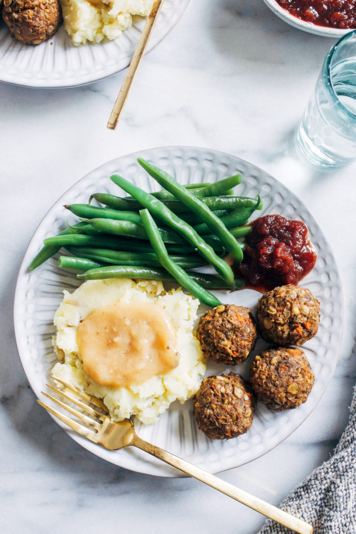 Vegan Thanksgiving 'Meatballs'- hearty, satisfying and packed full of umami flavor, these vegan 'meatballs' are gluten-free, grain-free and nut-free. But they're so delicious even the meat eaters will be gobbling them up!