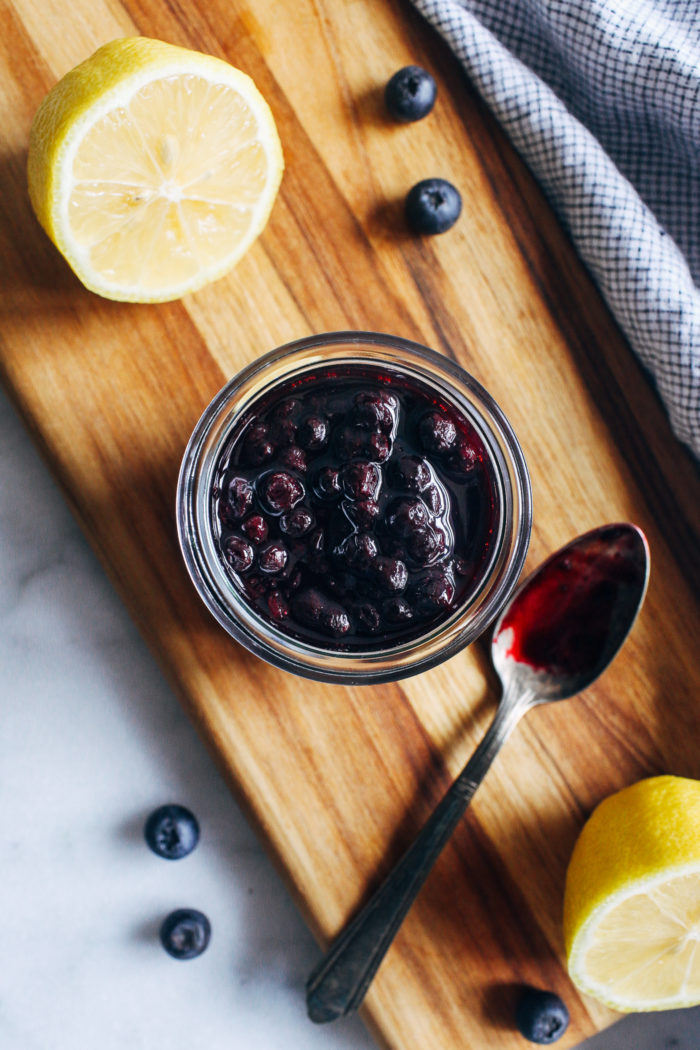 Sugar-free Blueberry Lemon Compote- all you need is just 3 ingredients to make this simple antioxidant-packed treat. Perfect for topping oatmeal, toast, pancakes or waffles!