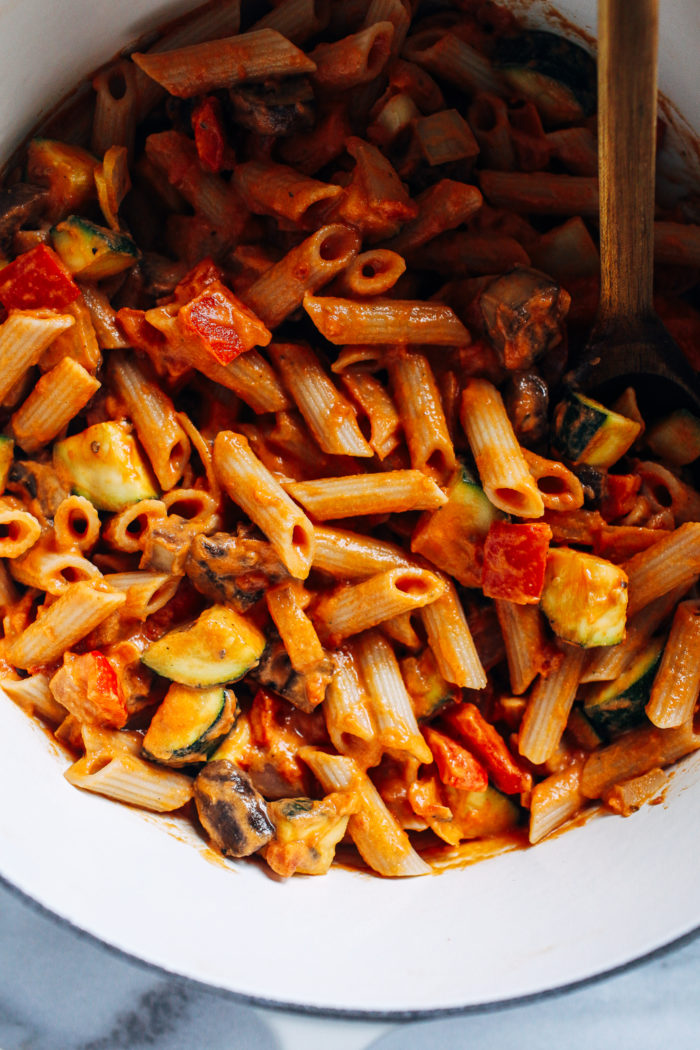 Roasted Vegetable Penne- tossed with a creamy marinara and tender roasted vegetables, this pasta is super satisfying and perfect to serve for the holidays!