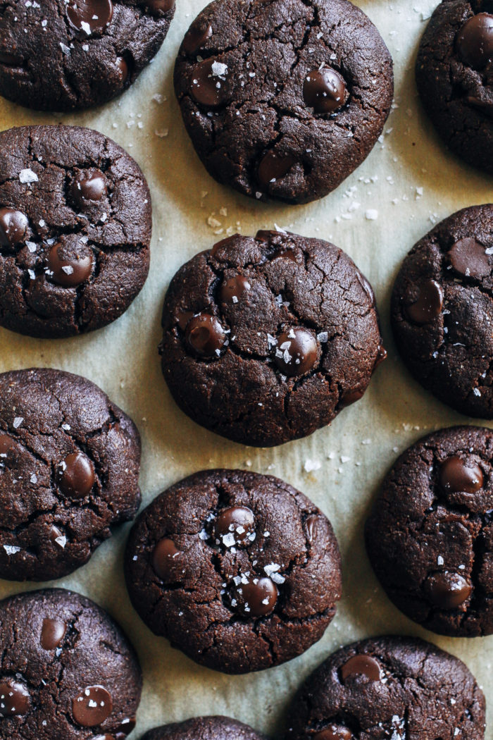 Vegan Gluten-free Double Chocolate Cookies- made with a combination of whole grain oat flour and almond flour, no one would ever guess these chocolatey cookies are made without dairy or wheat!