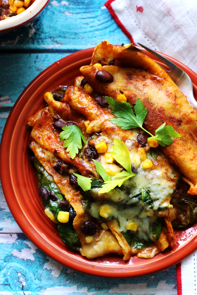 Vegetable Enchiladas with Black Beans, Corn, and Spinach from Eats Well With Others
