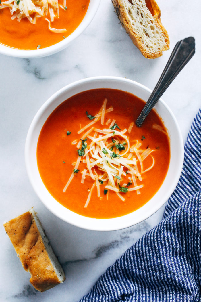 15-Minute Tomato Soup- this easy tomato soup is perfect for when you have a last minute craving. Made with just 8 simple ingredients, you probably have everything you need in your pantry to make it! 