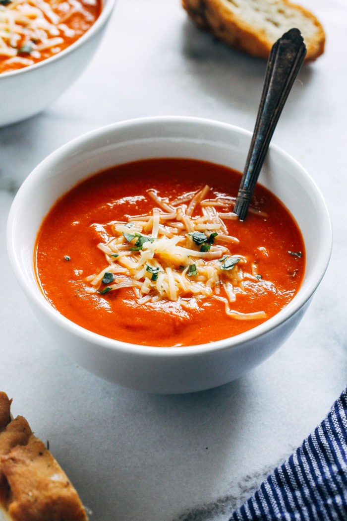 15-Minute Tomato Soup- this easy tomato soup is perfect for when you have a last minute craving. Made with just 8 simple ingredients, you probably have everything you need in your pantry to make it! 