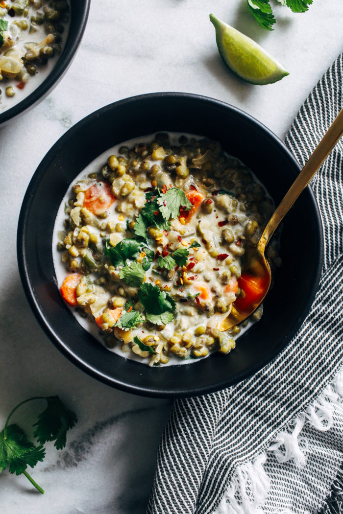 One-Pot Coconut Mung Bean Stew- made with creamy coconut milk, this healthy mung bean stew is simple to make and packed full of comforting flavor. (vegan, gluten-free, grain-free)