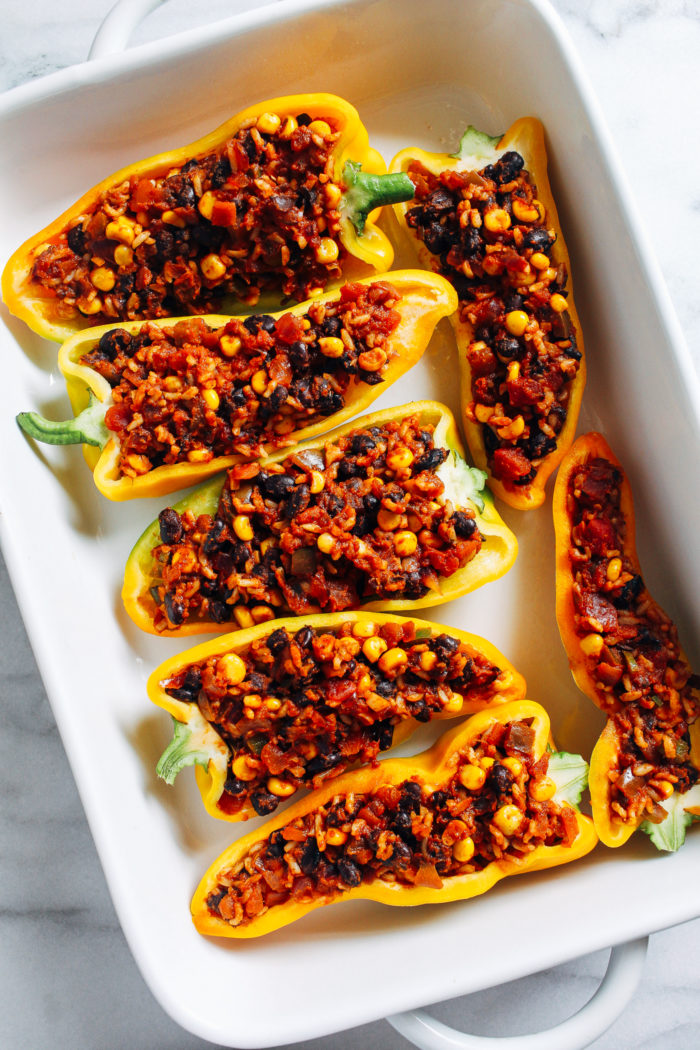 Easy Mexican Stuffed Peppers- Just 20 minutes to prep, these vegan and gluten-free stuffed peppers are easy to make and packed full of flavor!
