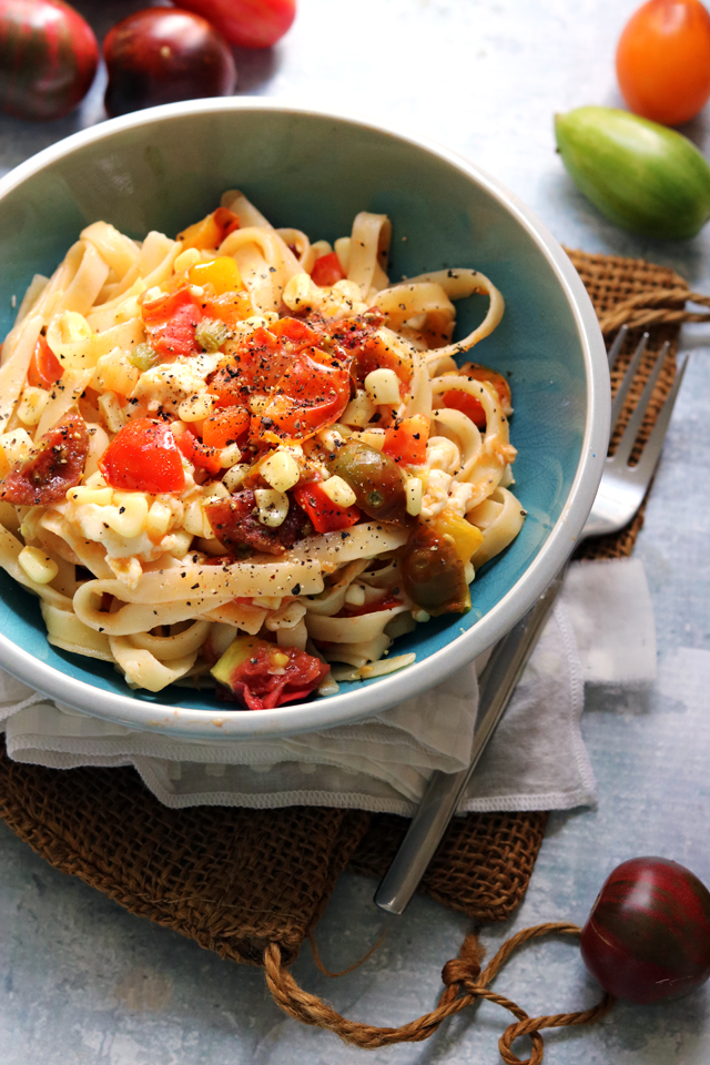 Summer Corn and Heirloom Tomato Fettuccine from Eats Well With Others