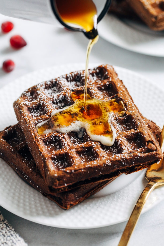 Gingerbread Buckwheat Waffles- whole grain and naturally gluten-free, these gingerbread waffles make the perfect holiday breakfast. Freezer friendly with vegan option too!