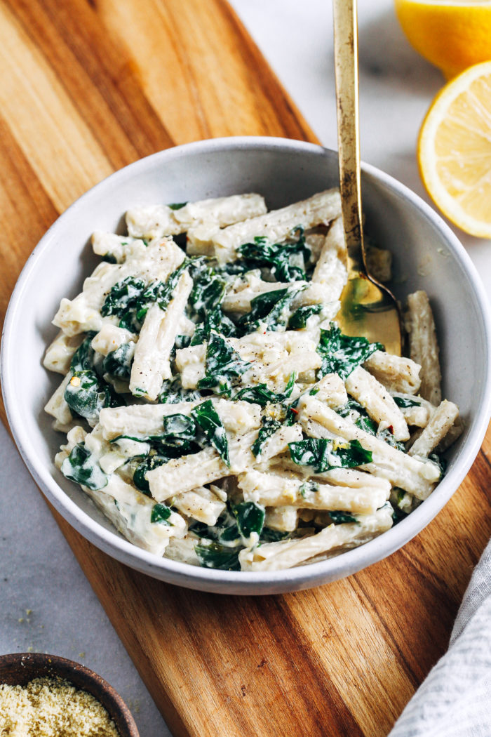 Lemon Cream Pasta with Spinach- made with a comforting dairy-free sauce, this creamy pasta is as easy as it is delicious. Less than 10 ingredients + 30 minutes to make!