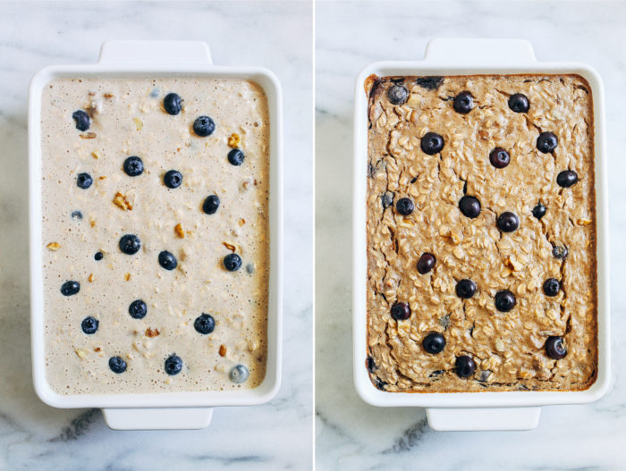 Blueberry Banana Baked Oatmeal- this healthy make-ahead breakfast comes together fast and tastes just like banana bread. Each serving packs 10 grams of plant-based protein! (vegan + gluten-free)