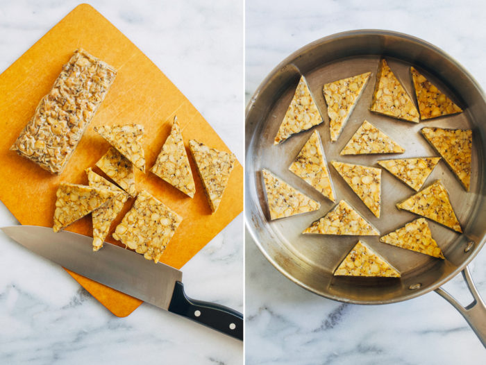 Easy Peanut Tempeh- all you need is 6 pantry ingredients to make this flavorful peanut tempeh. Perfect for a main dish or for adding protein to salads and pasta! (vegan + gluten-free)