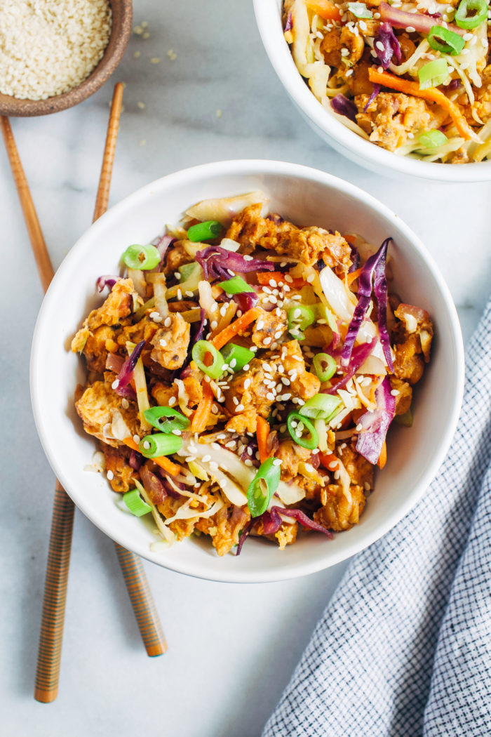Vegan Tempeh Egg Roll Bowls- Made with mostly pantry ingredients, this easy and nutritious meal comes together in just 20 minutes! (gluten-free)
