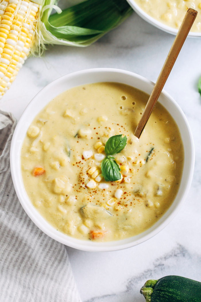 Dairy-free Zucchini Corn Chowder- So creamy and satisfying, you would never guess this veggie packed corn chowder is dairy-free. Just 10 ingredients to make! (vegan + gluten-free)