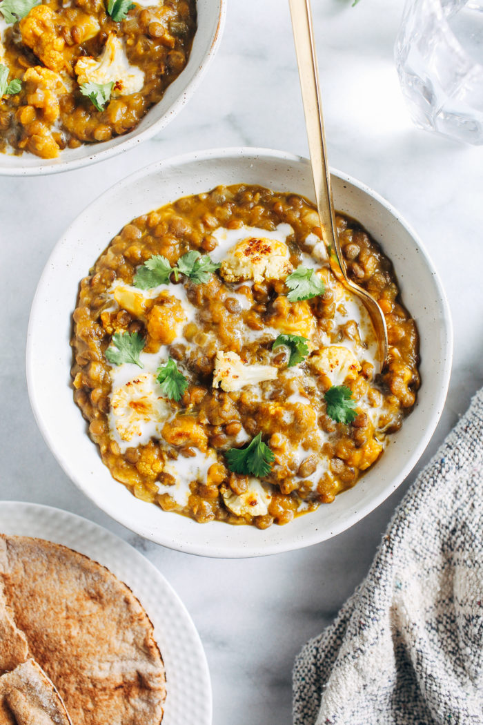 Roasted Butternut Squash and Lentil Curry- roasted butternut squash gives this hearty lentil curry delicious flavor and rich texture. It's the perfect fall meal to cozy up with! (vegan + gluten-free)
